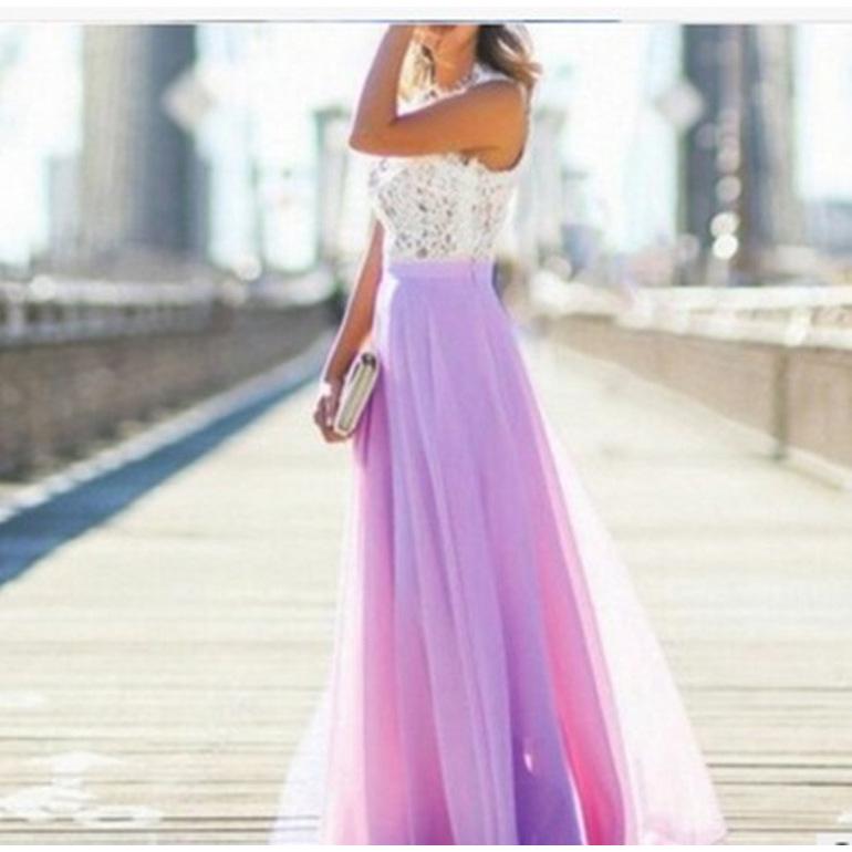 European and American Lace-Spliced Chiffon Evening Gown - Super Long, Available In 5 Colors and 5 Sizes