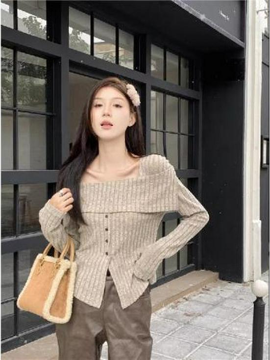 Samtiges Strickoberteil mit Carmenausschnitt - Damen Slim-Fit Quadratischer Ausschnitt für Frühling bis Winter