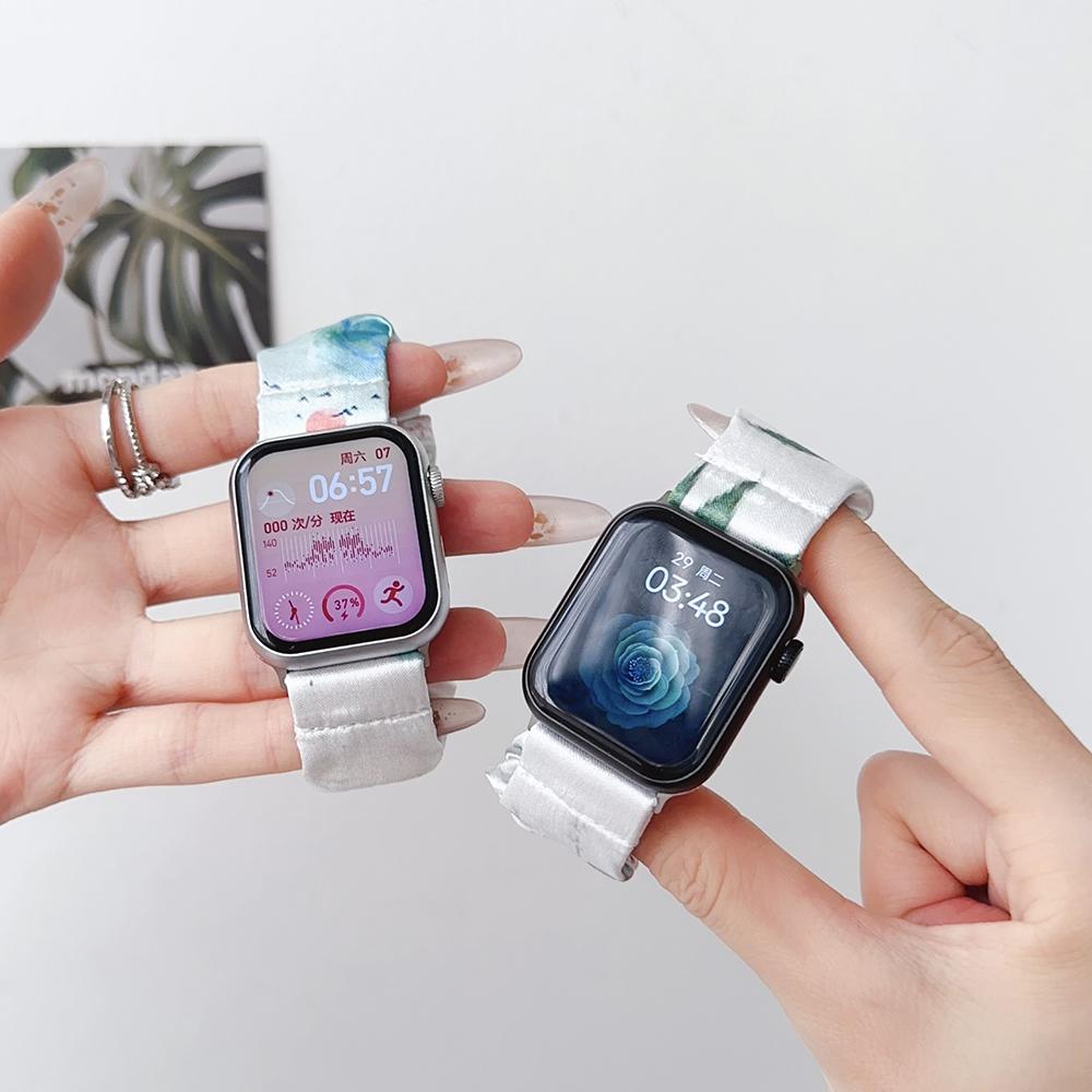 Printed Fabric Strap for Apple Watch Band Women Scrunchies Cloth Elastic Bracelet for iWatch Series SE 10 9 8 7 6 5 4 3 2 1