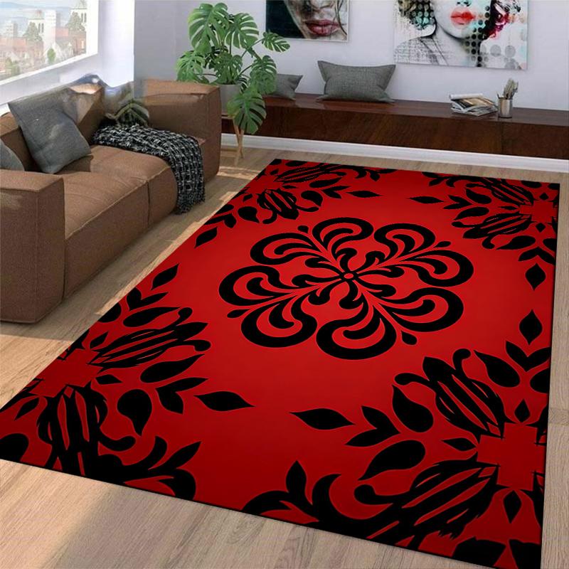 Red and Black Floral Pattern Carpet, Modern Decorative Room Rug Suitable for use as an anti-slip for living room bedroom sofas