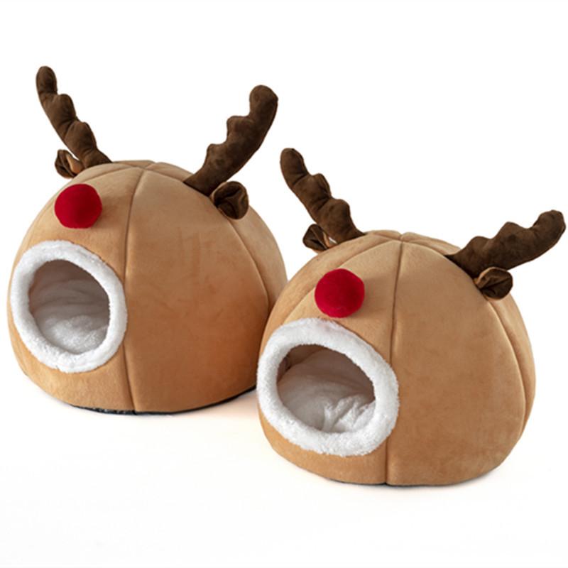 Pet Cat Bed House Cute Elk-shaped Kennel Nest Winter Warm Puppy Kitten Bed Cushion Comfortable Cat House Cave Christmas Pets Pad