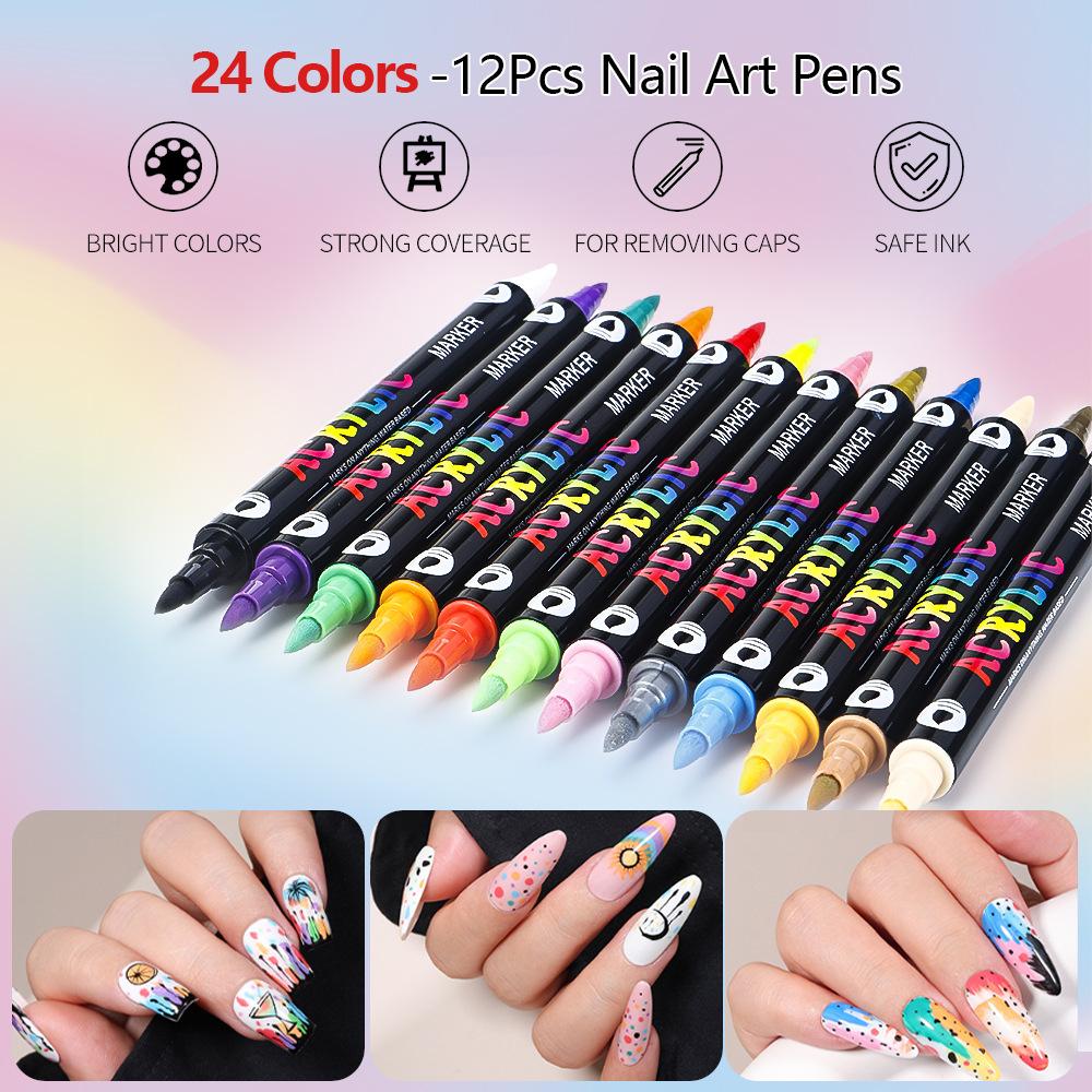 24 Color Nail Art Pens, 0.5 MM Nail Polish Pens Set Drawing Painting Point Liner Acrylic Painted Pen Kit, Waterproof Quick-drying Nail for DIY Gift
