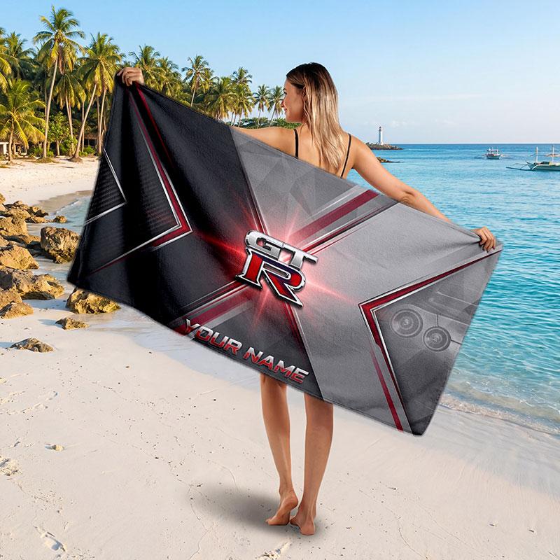 Nissan GT-R Customized Name Text Beach Towel, Soft Absorbent Towel Beach Pool Travel Personal Gift