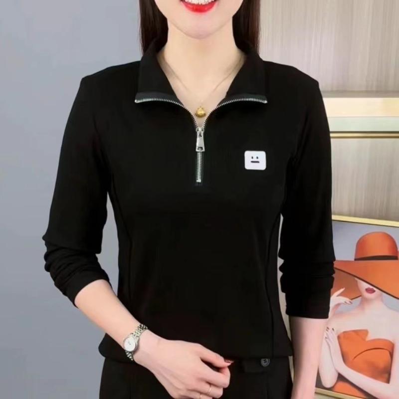 New Spring Autumn Stylish Zipper Lapel Fashionable Solid Color Casual Long-sleeved Top Base