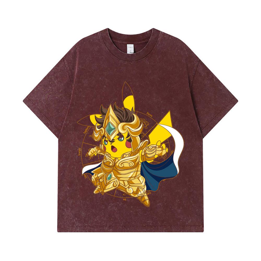 275 GSM Washed T-shirts 100% Cotton Pokemon V25 Pikachu Leo Print Unisex Heavy Cotton T Shirt