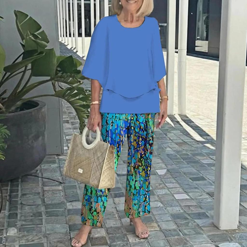 Women's Green Loose Fit Top with Leaf Print Pants Set, Casual Summer Outfit with Straw Bag