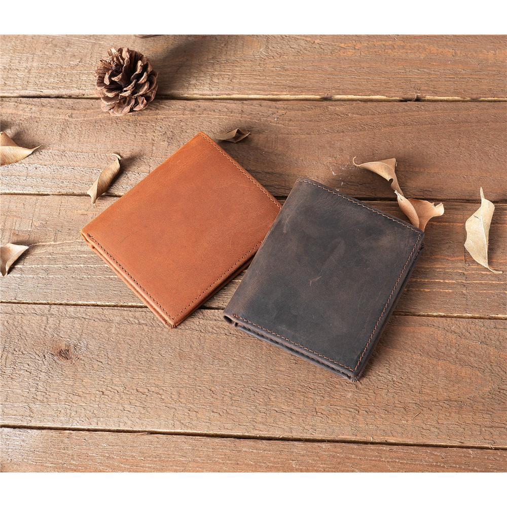 2025 Unisex Vintage Crazy Horse Full-Grain Wallet vertical Bifold Leather Card Holder Retro Brown for Students Daily/Travel Use