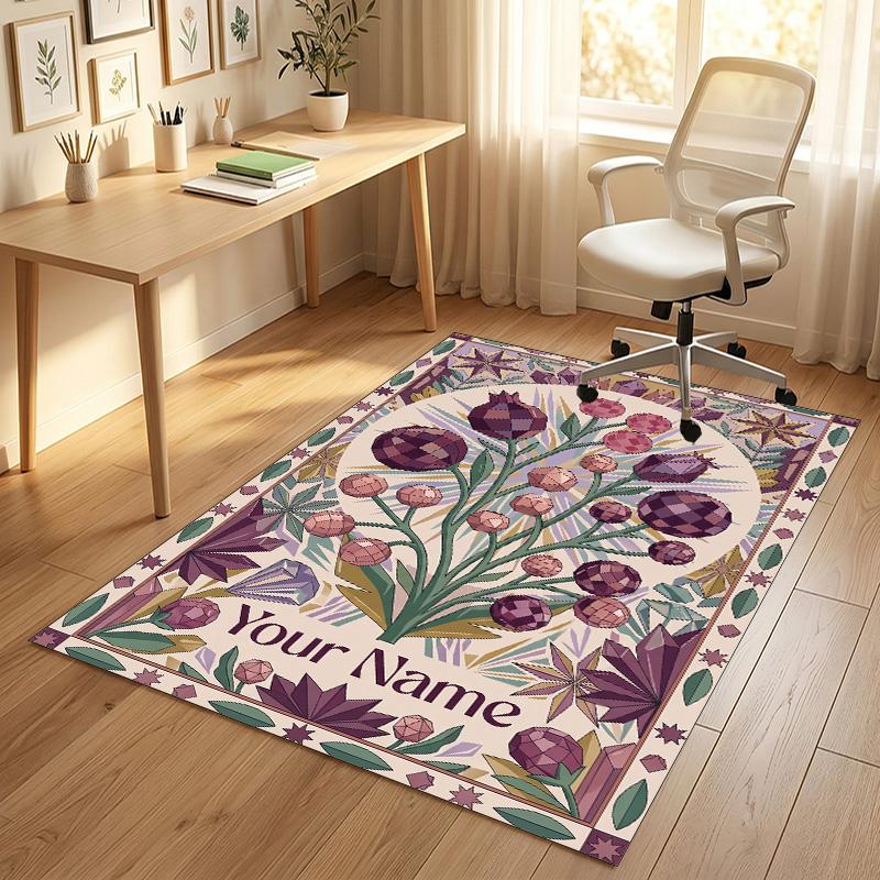 Floral Art Theme Soft Crystal Velvet Rug Custom Name & Text Print Non Slip Floor Rug for Bedroom Living Room