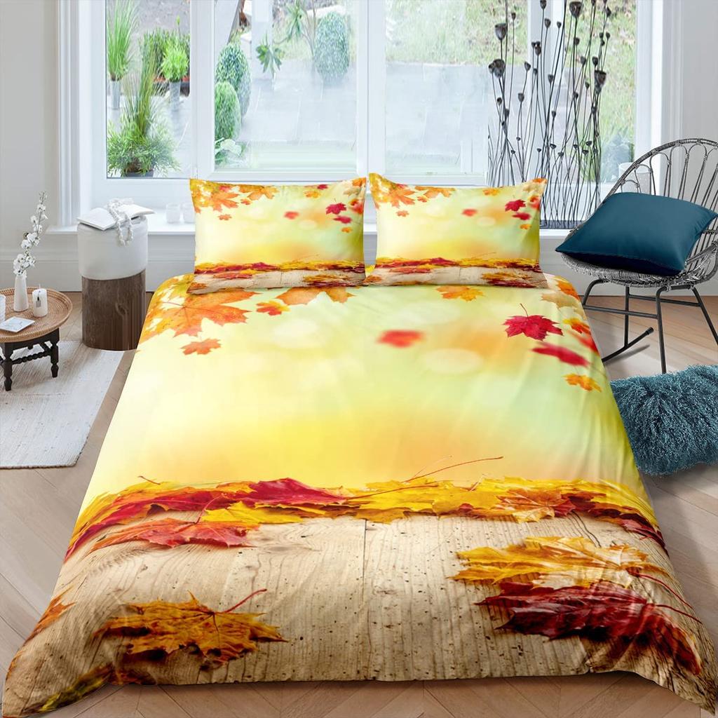 Maple Leaves Polyester Duvet Cover Set Fall Theme Comforter Cover With Pillowcase King Queen Size For Kids Boys Girl Bedding Set