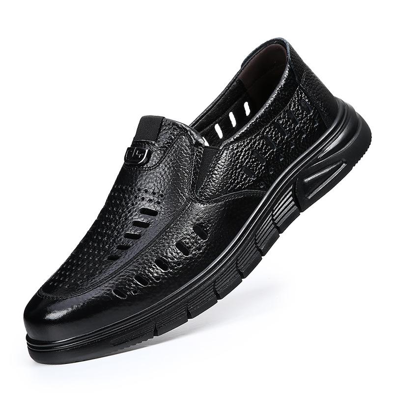 

Leather sandals men s father summer breathable hollow hole sandals cowhide in the elderly leather soft-soled leather shoes men 38