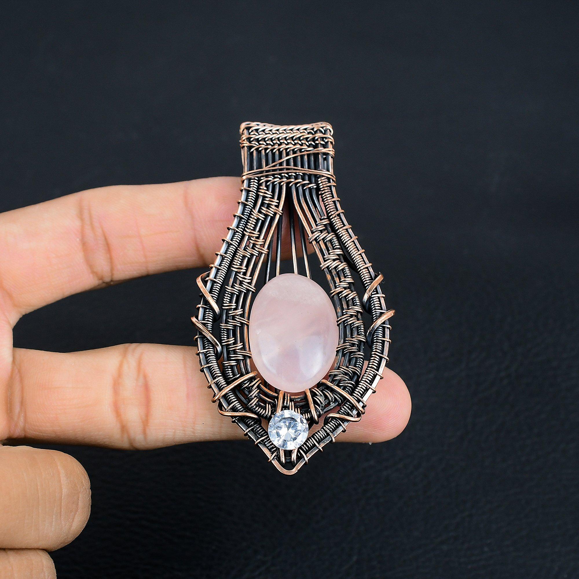 

Rose Quartz & White Topaz Jewelry, 999 Copper Wire Wrapped Pendant Handmade Gemstone Jewelry, Gifts For Wife Brand New Pendant 3.14 Inches