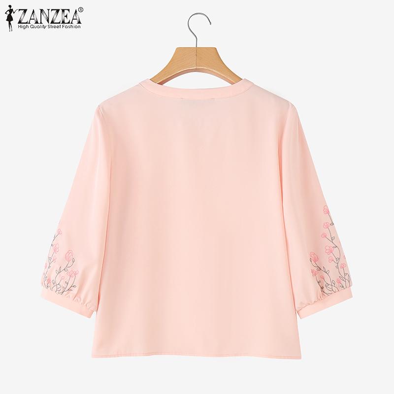 ZANZEA Women Casual Floral Print 3/4 Sleeve Loose Round Neck Blouse