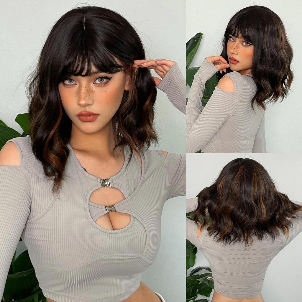 EASIHAIR Light Brown To Platinum Ombre Synthetic Wigs for Women Short Wavy Cosplay Lolita Natural Hair Wig with Bangs Heat Resistant