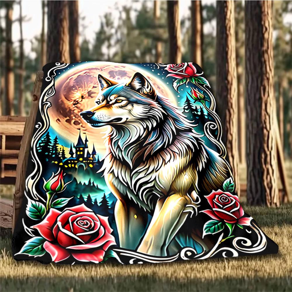 1pc Wolf Roses Design Throw Blanket Polyester Fiber, Lightweight Flannel, Soft & Warm, All Season Use for Outdoor, Camping