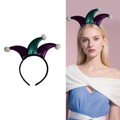 Verstellbares Clown-Stil Kopfstück Lila Glitzerstoff Pompon-Besatz Partykostüm Haarschmuck