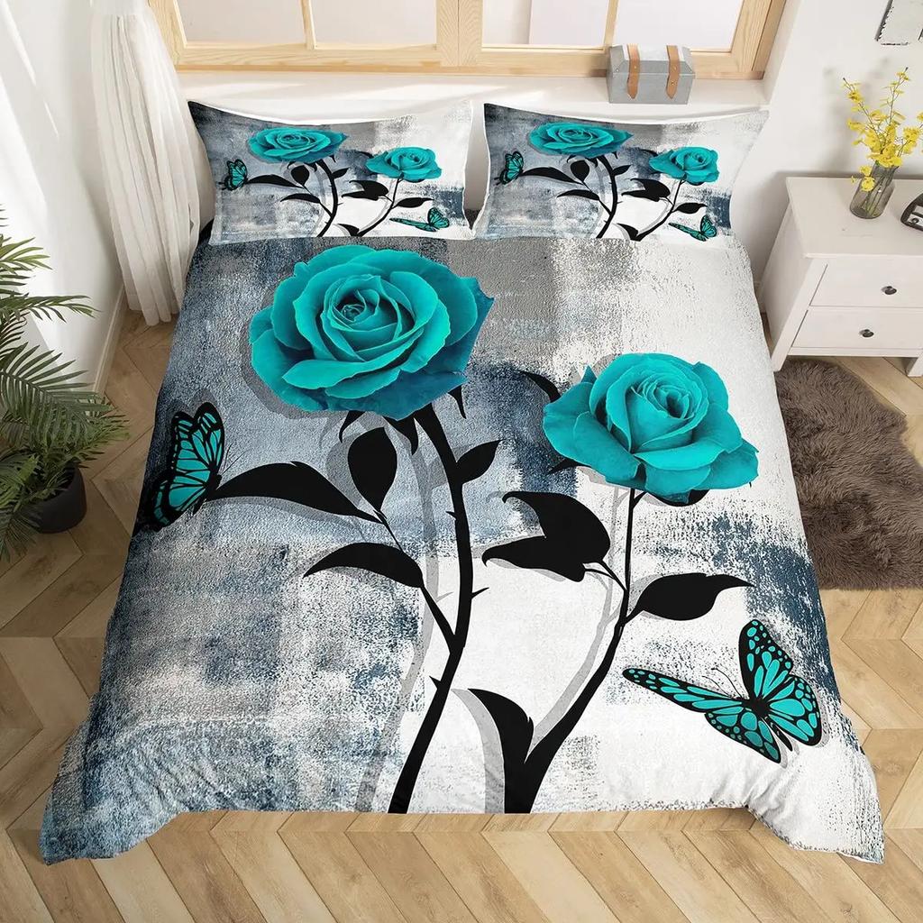 Rose Flowers Duvet Cover Set Butterfly Garden Bedding Sets Girls Women Floral Fresh Nature Blooming Rose Comforter Cover 3 Pcs