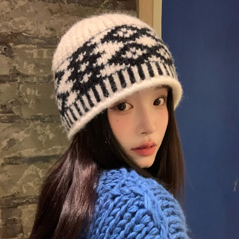 Knitted wool hat children autumn and winter color matching retro plaid winter warm bag head cold hat