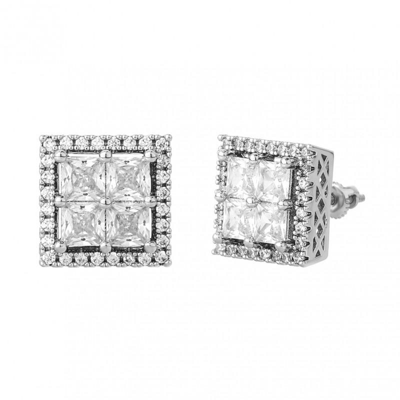 Hip Hop Square Threaded Earrings Men Full Zircon Stud Gold Plated Copper Ear Jewelry