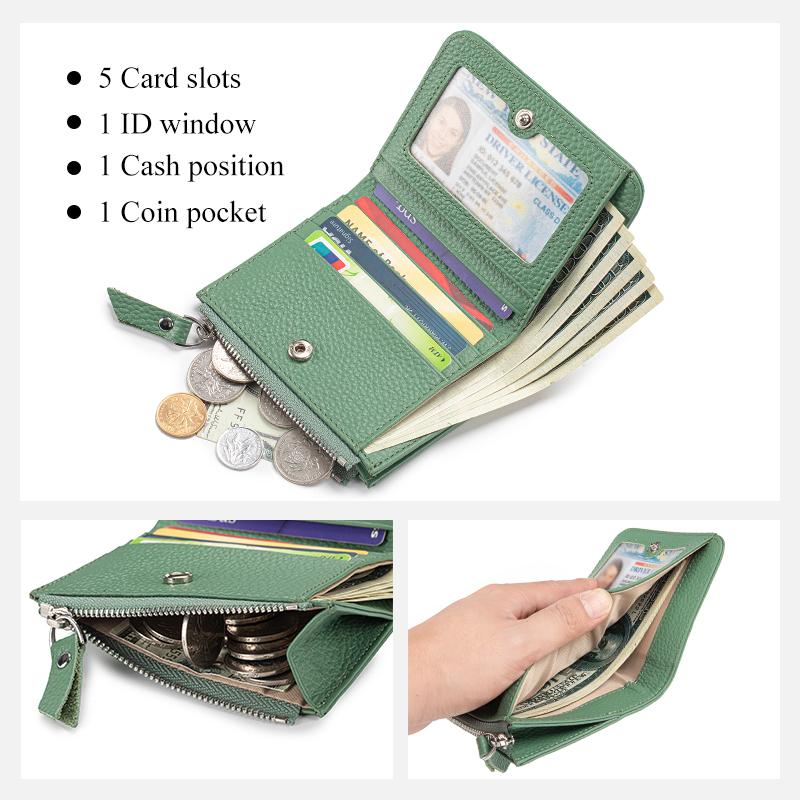 Portfel damski ze skóry naturalnej, krótki, wąski, blokujący, składany na pół, z uchwytem na karty kredytowe, z klipsem na pieniądze i kieszenią na monety