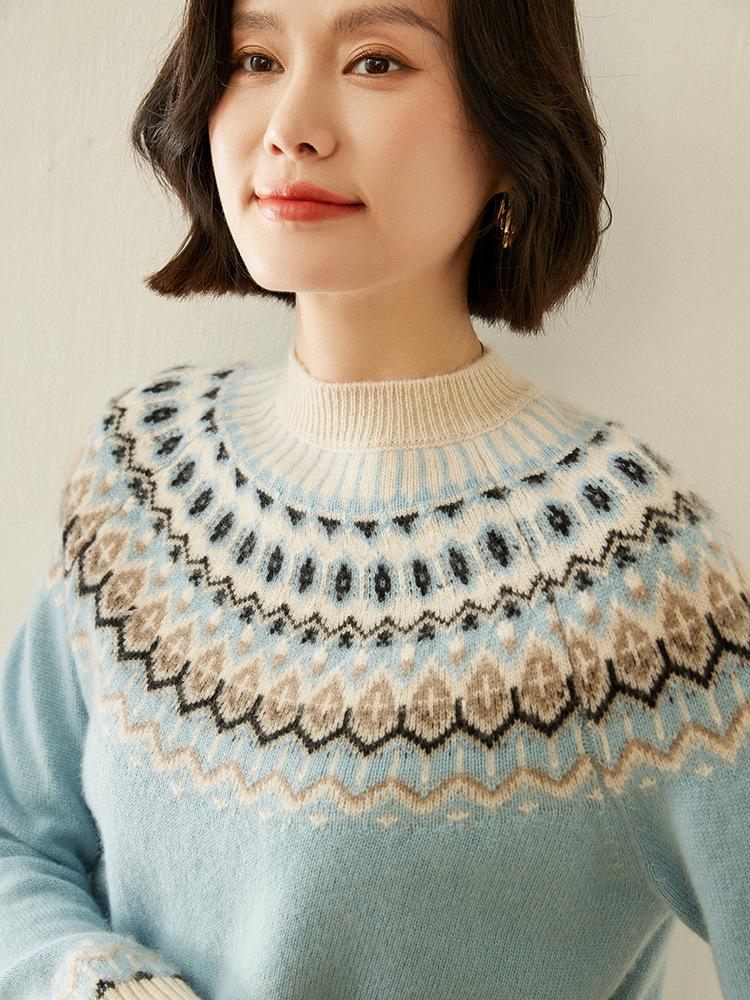 Women's Fair Isle Jacquard Cashmere Sweater - Versatile Round Neck Knit for Autumn/Winter