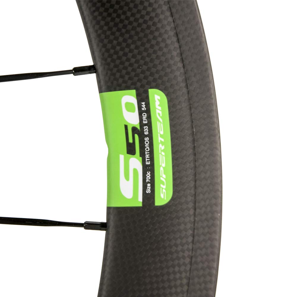 SUPERTEAM 50mm Clincher Wheelset 700c 23mm Road Bike Carbon Wheels (White/Green)