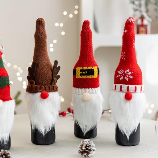 Christmas Wine Bottle Cover Knitted Plush Gnome Wine Bottle Topper Cover for Christmas Dining Table Decor New Year Party Supplies
