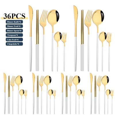 36Pcs White Gold Dinnerware Set Stainless Steel Flatware Dinner Knife Forks Spoon Chopsticks Cutlery Set Kitchen Tableware Set