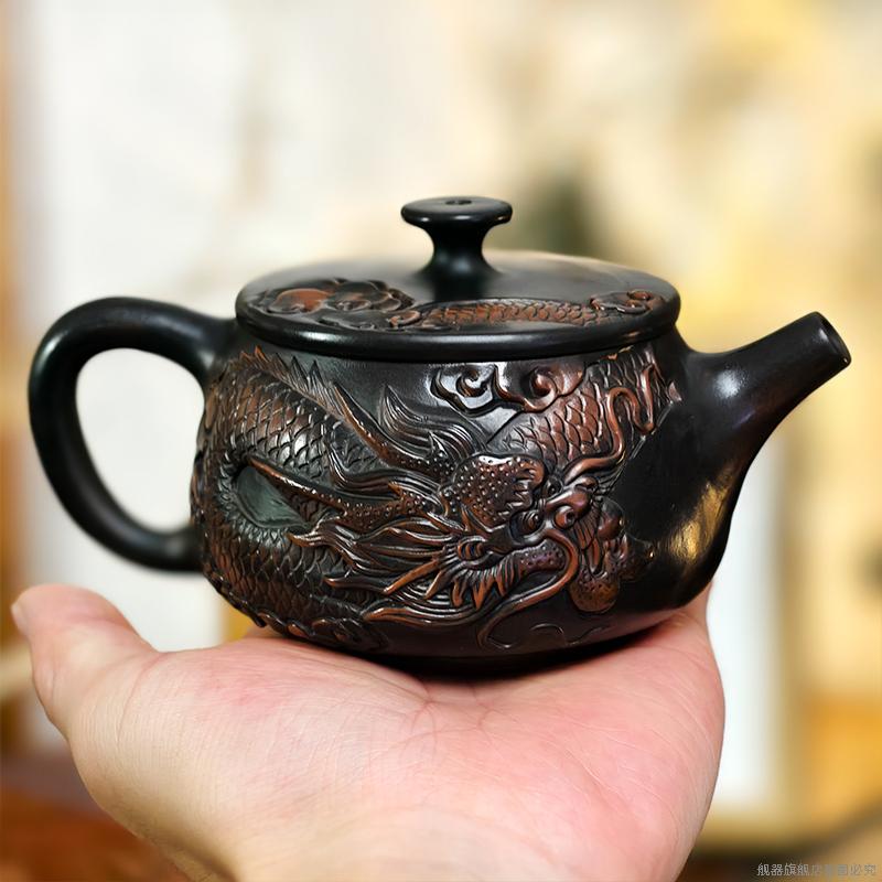 Dragon Purple Pottery Vintage Handmad Teapot Ceramic Carve Kung Fu Teapot Single Teapot Pu'er Tea Making Tea Sets Tea Pot
