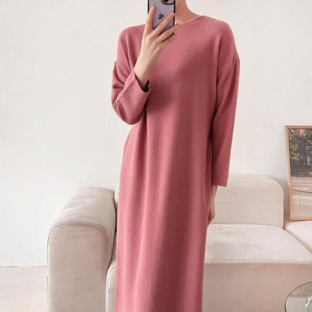 New Arrivals Open Run Women Long Dress Solid Color Round Neck Basic Waist Strap