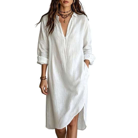 Party Dress Casual Women s Summer Midi Shirt Dress, Long Sleeve V Neck Comfortable Women Lapel Loose Tunic Beach Vacation Sundress with Pockets S белый
