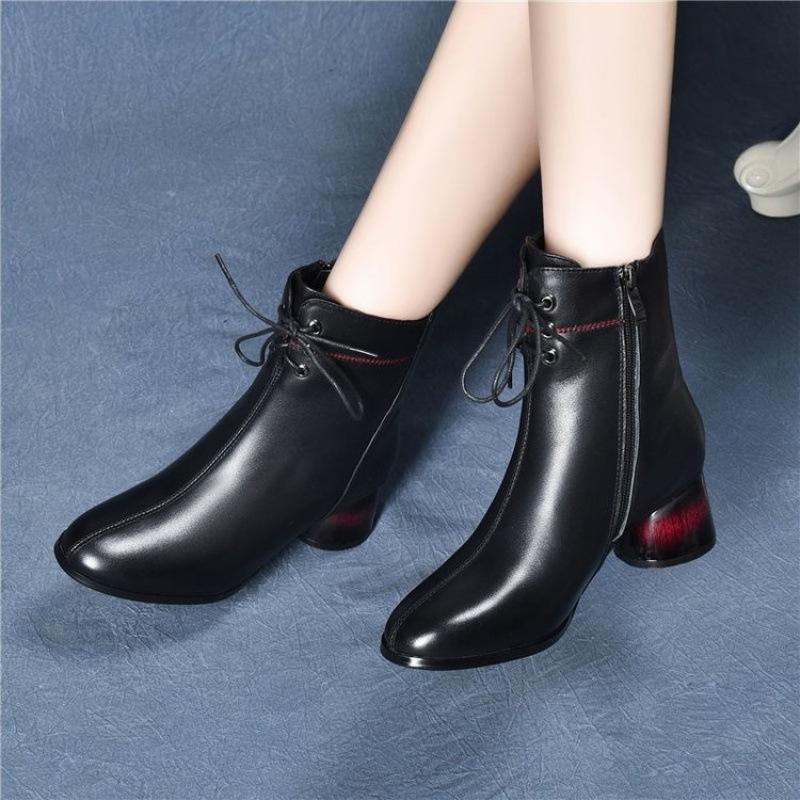 Leder große Baumwolle Damen Kurzstiefel 2025 Herbst und Winter neue Damenstiefel mittlerer Absatz Martin Stiefel runder Absatz Samt Kurzstiefel