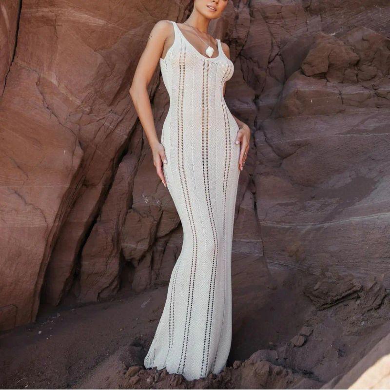 2025 Women Clothes Backless Sexy Sheath Knitted Beach Skirt Cover Up Dress Knitted Beach Dress