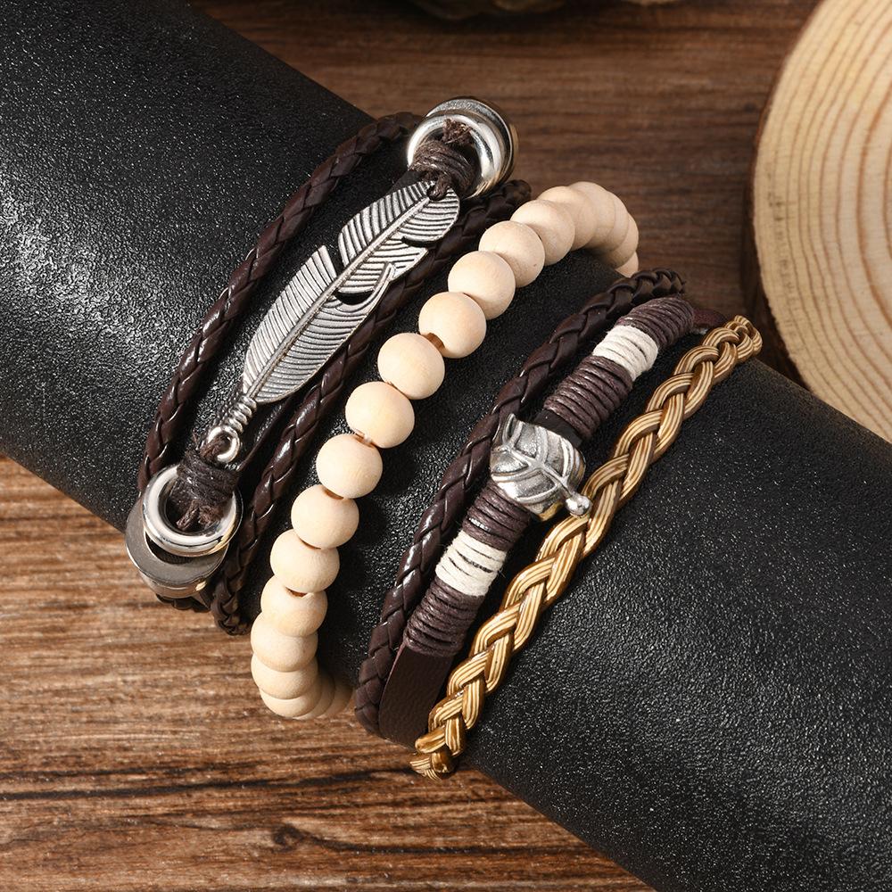 Bohemian Feather Leather Bracelet Set 3Pcs Multi-layer Wood Bead Leaf Charm Stackable Wristbands Vintage Tribal Jewelry for