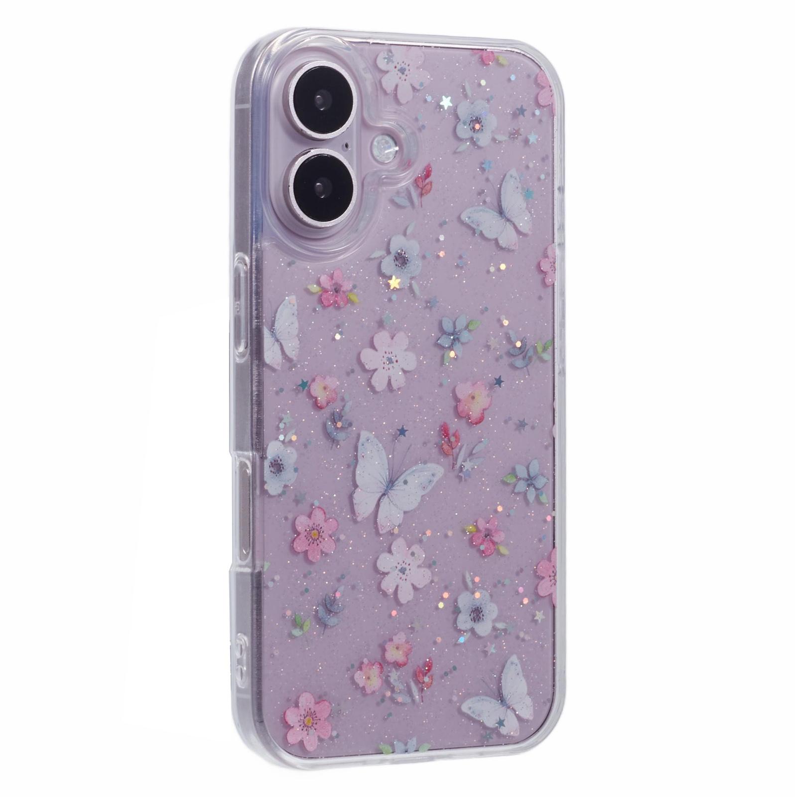 

For iPhone 16 Case Glitter Flower Epoxy Shockproof Phone Cover Style D