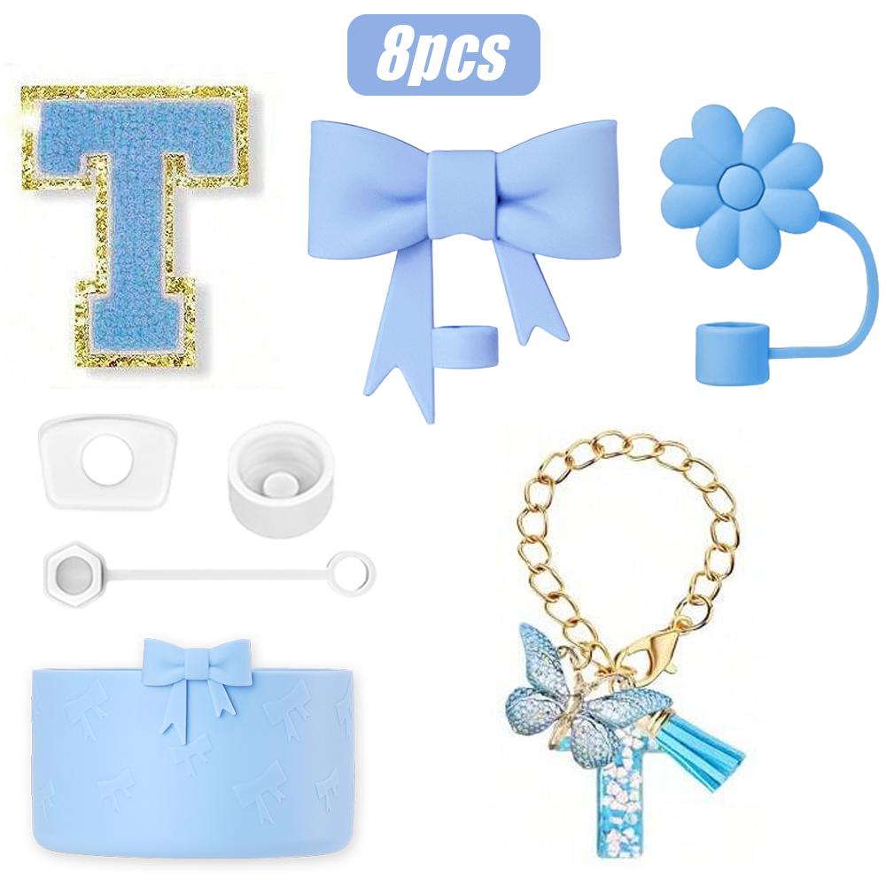 8-teiliges Tassenzubehör-Set für Stanley Cup 30oz 40oz, A-Z Initialen Dekorationen, inklusive Silikon-Strohhalmkappe, Aufkleber