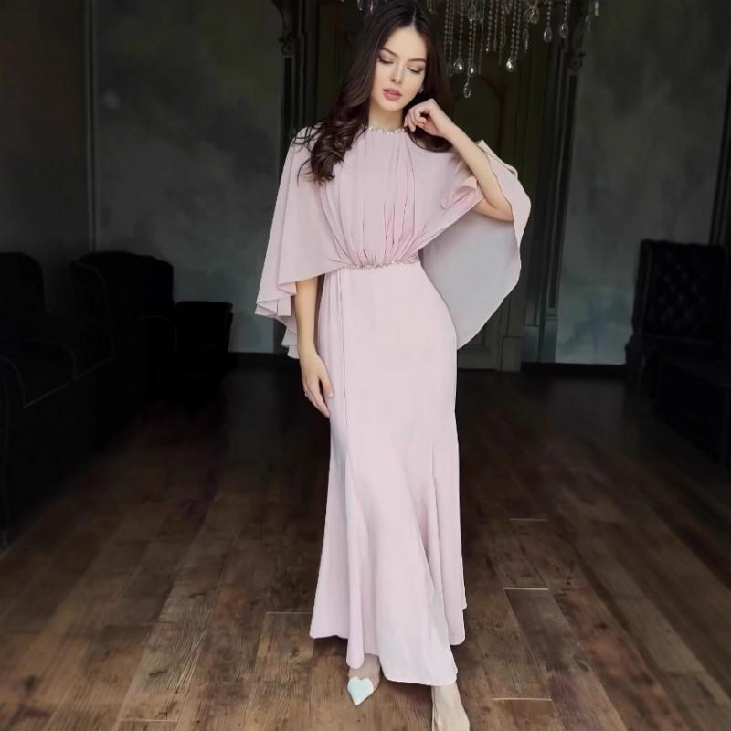 2026 Elegant Long Formal Dress A-Line Slim Fit Patchwork Heavy Craft Round Neck Sleeve Womens Evening Party Gown