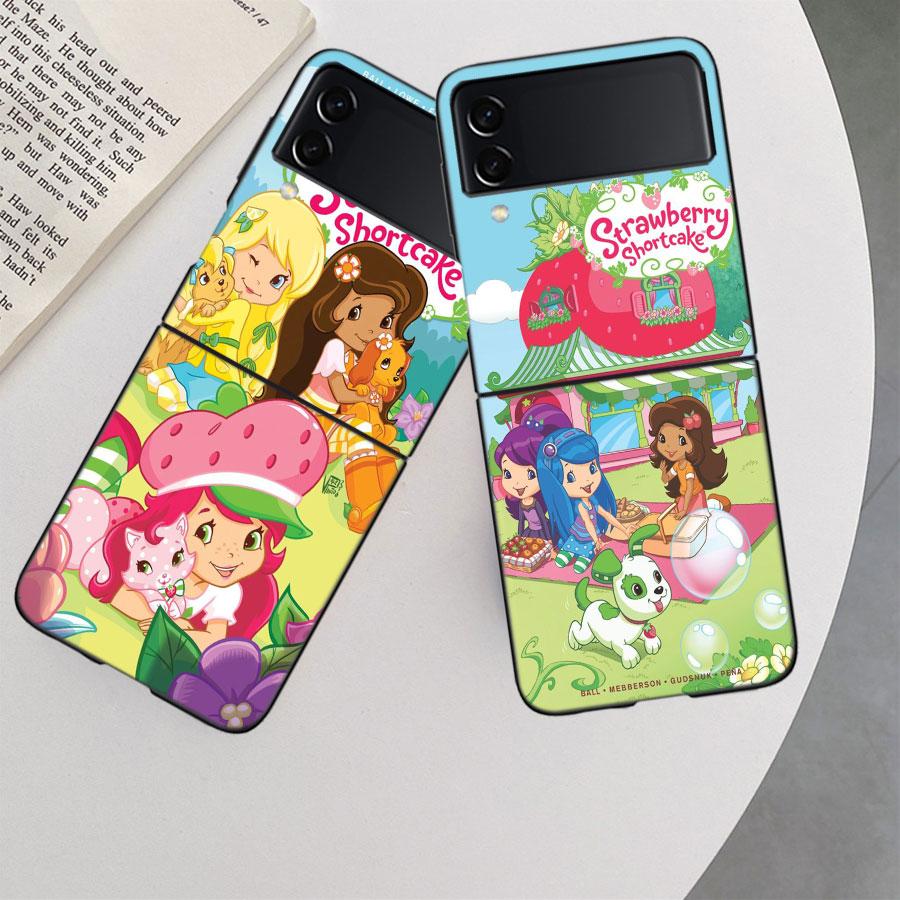 S-Strawberry Cute S-Shortcak Case for Samsung Galaxy Z Flip 6 5G Z Flip 5 4 3 5G Black Hard Cell Phone Cover Luxury PC Shell Coq