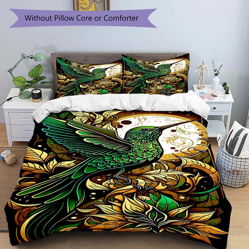 3pcs Hummingbird Floral Soft Comfortable Bedding set, For Bedroom, Guest Room And Dorm, All Season Use, High-Definition Printing, Machine Washable 172