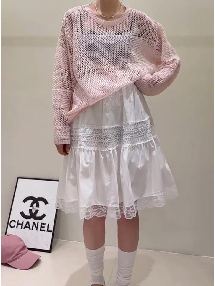 High-Waisted A-Line White Lace Crochet Midi Skirt for Women - Slimming, Petite, Fluffy Summer Style