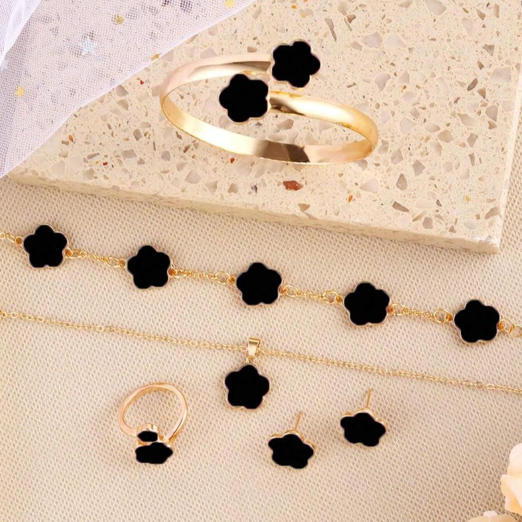 6PCS Women's Jewelry Set, Fashion Casual Flower Necklace Bracelet Earrings Ring Set, Suitable for Daily Wear and Perfect as Gift