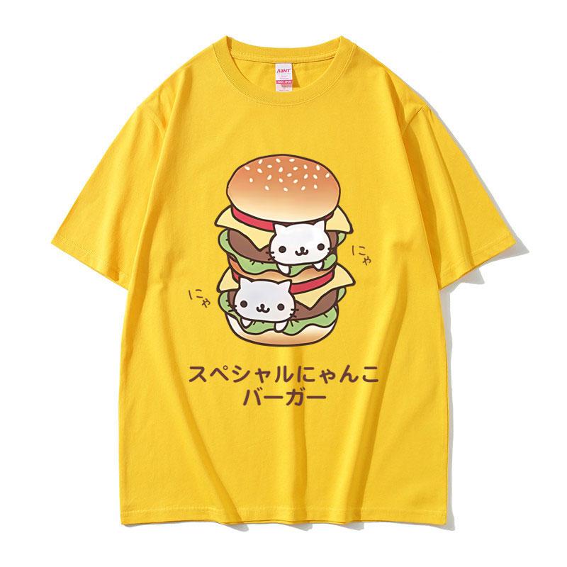 Nyan Nyan Nyanko Cat Double Hamburger Funny Meme Tshirt Unisex Unisex Fashion Oversized T Shirts Male Casual Cotton Crewneck Tshirt