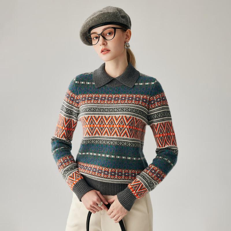 Zhaojun Women's Fair Isle 100% Cashmere Crewneck Sweater