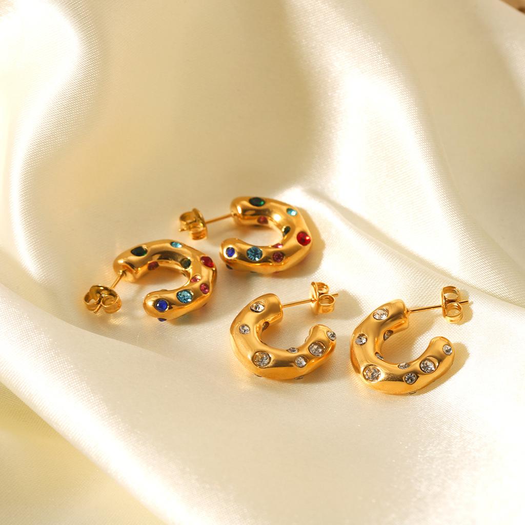 Unusual Shape 18K Gold Stainless Steel Studs with Zircon C-shaped Earrings for Women, High-end Titanium Steel Ear Jewelry