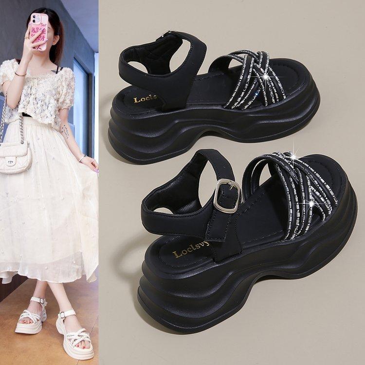 Platform sandals women 2025 summer new muffin versatile open-toed rhinestone soft sole one-word buckle fairy wedge heel shoes