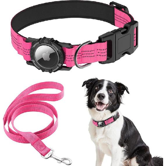 IP68 Waterproof AirTag Dog Collar – Heavy Duty Reflective Padded Design with Integrated AirTag Holder for Small, Medium & Large Dogs –