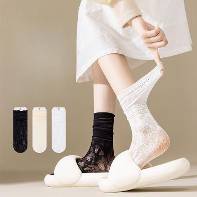 3 Paar Niedliche Lolita-Mittelkniestrümpfe Ballettstil Spitze Wadenstrümpfe für Damen Sommer Dünnes Hohlmaschen-JK-Socken