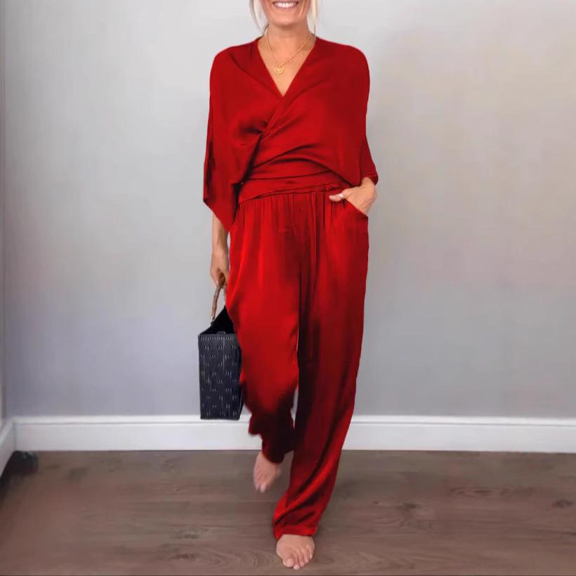 European and American Solid Color Satin Women's Summer Short-Sleeve Top & Pants Set (2025)