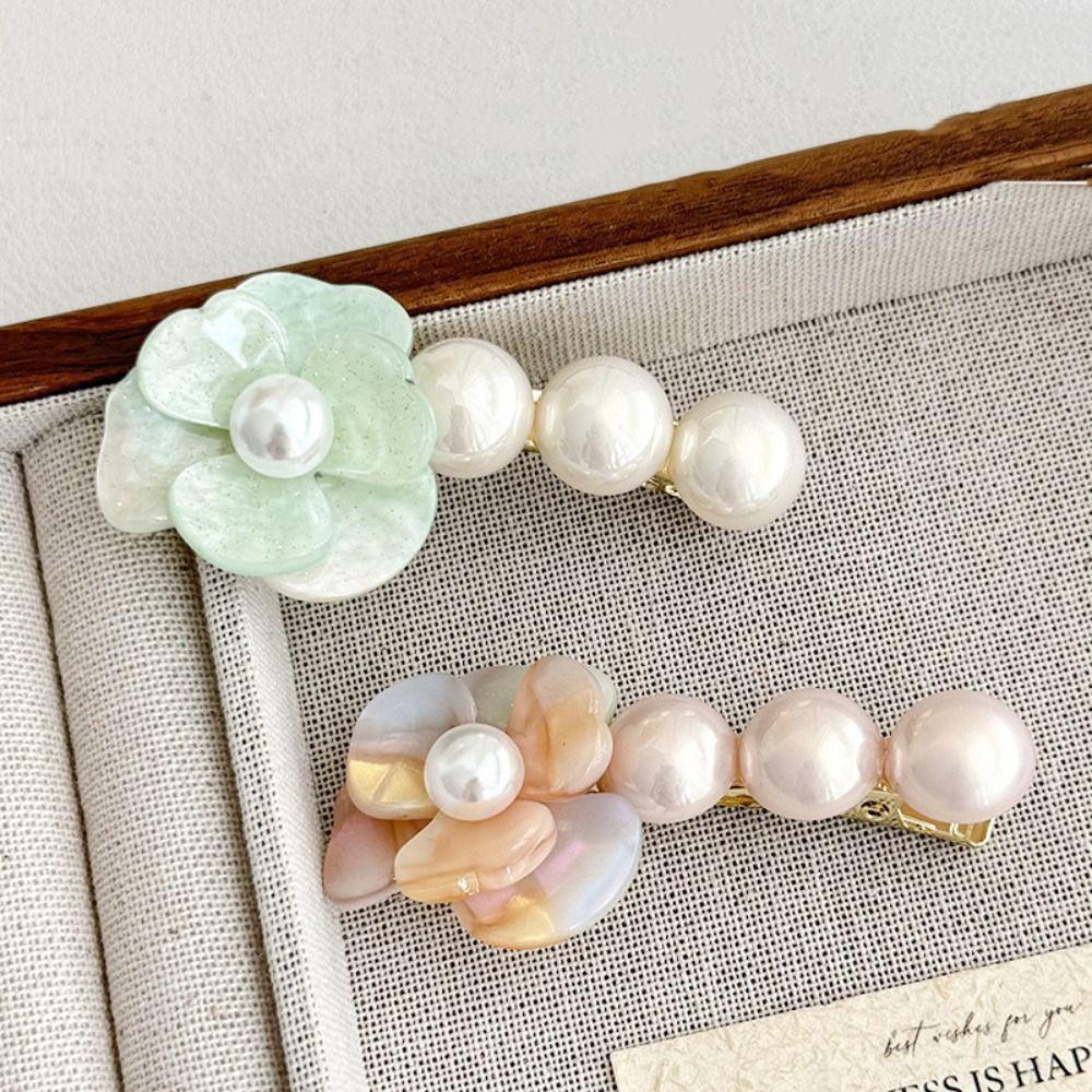 Acetate Flower Hair Clip Korean Style Duckbill Clip Cute Camellia Pearl Side Clip  Daily