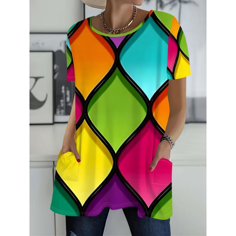 Women'S Summer Contrast Black Trim Diamond Geometric Full Print Pocket Round Neck Short Sleeve T-Shirt Casual Comfortable Top