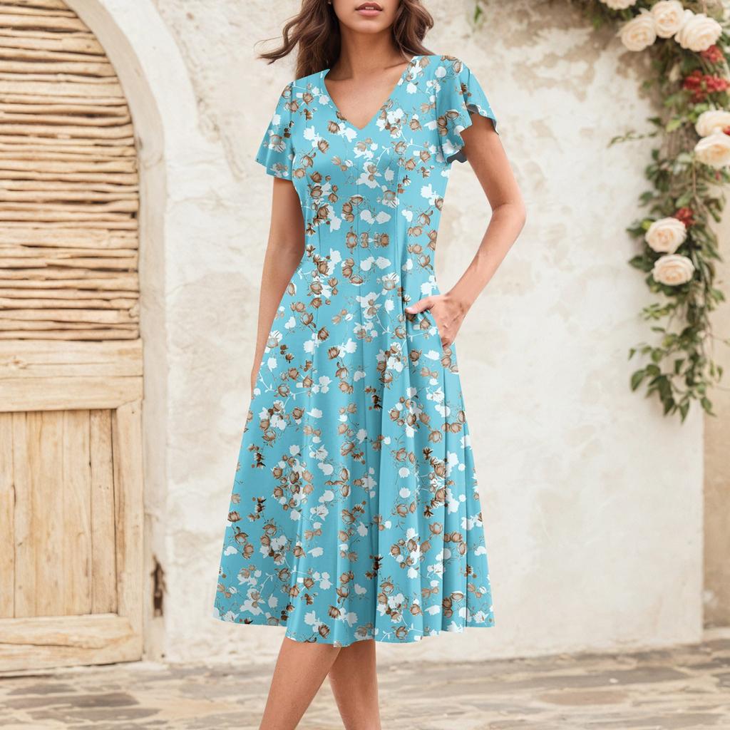 Rochie Midi Elegantă Retro de Vară pentru Femei cu Mâneci Volan V-Gât